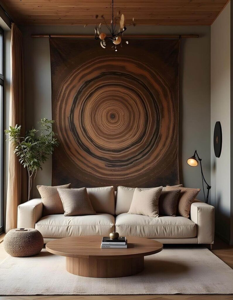 Living room with off white couch and wall hanging with a large circle art hanging behind it.