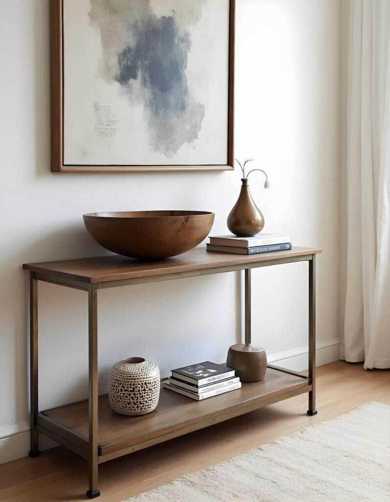 Elegant living room interior featuring a wooden console table displaying African bowls, neutral vases, and stacked books, under a framed abstract painting.