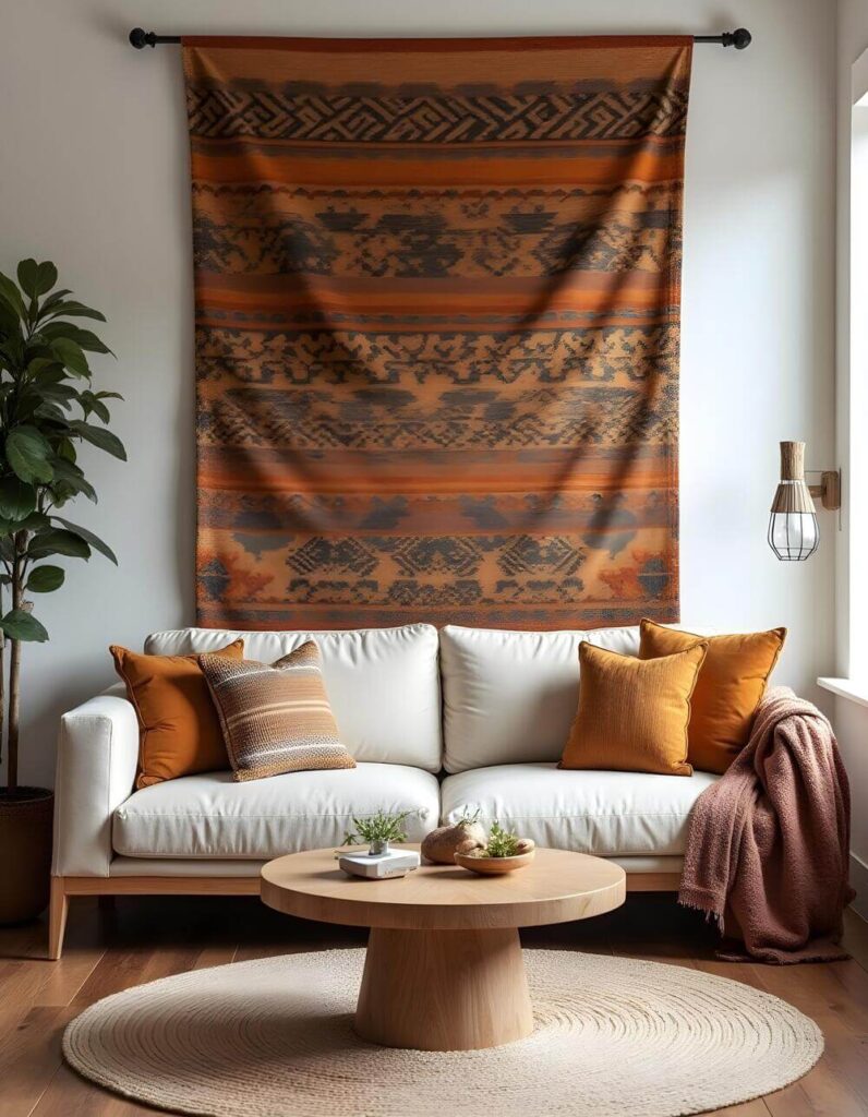 Living room featuring a white modern sofa with orange pillows, a light wood round coffee table with woven rug, textured fabric wall decor, and indoor plant.