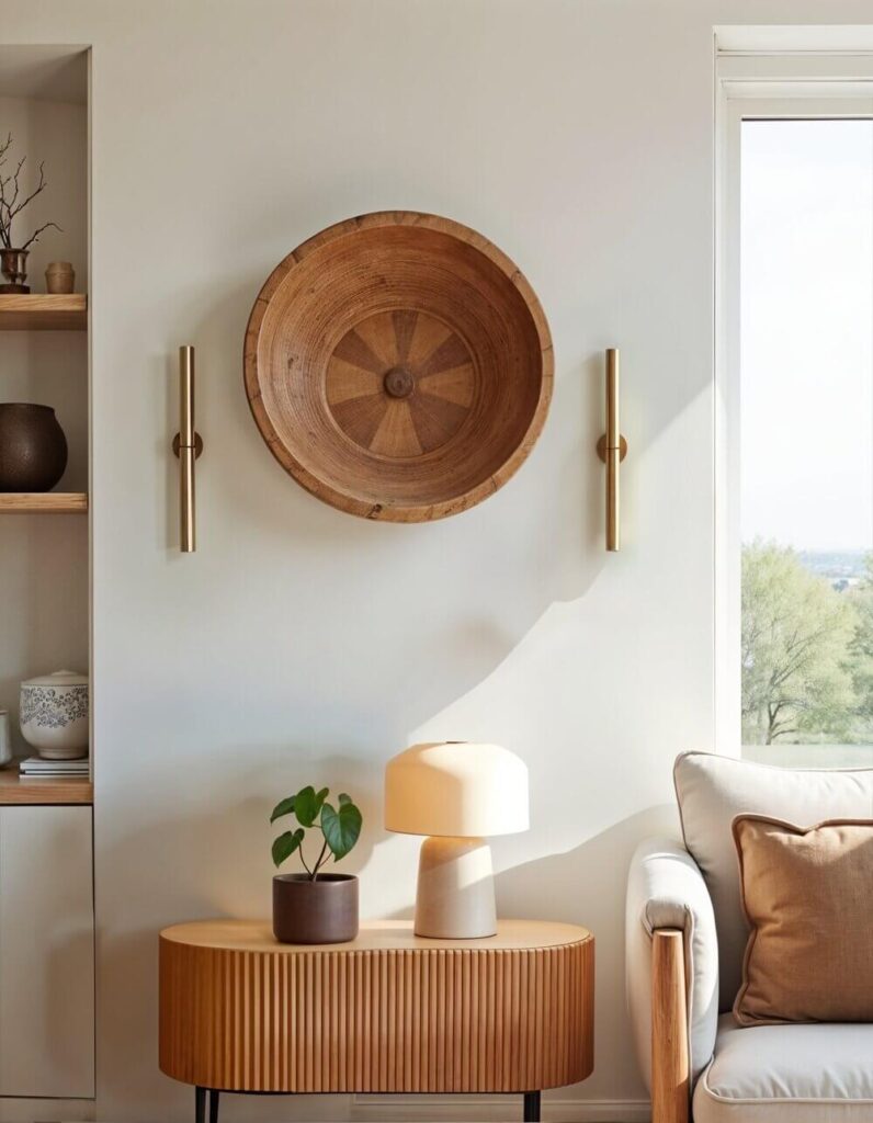 Interior view of a neutral-toned living room featuring a wall-mounted, large wooden bowl, flanked by gold sconces, above a wooden console table with a lamp and potted plant, next to a sofa. A large, circular wooden bowl hangs on the wall, its interior carved with a starburst pattern emanating from the center. On either side of the bowl are vertical gold sconces. Below the bowl, a wooden console table with vertical slats runs horizontally. A small potted plant and a lamp with a cream-colored shade and a white base sit on the table. Beside the table, a cream-colored sofa can be seen, with a brown throw pillow. A window to the right of the wall fills the room with natural light. A shelving unit is built into the wall on the left, displaying various decorative items.
