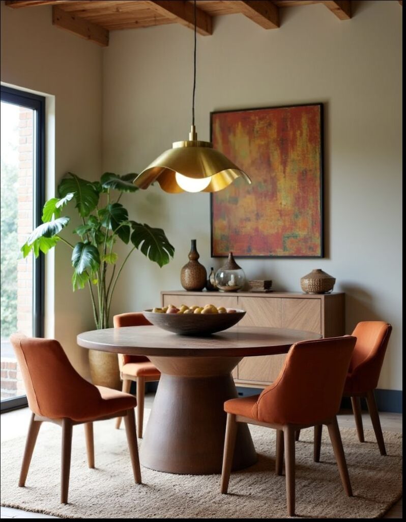 A dining room showcasing **African interior design trends** with a round wooden table centered under a unique golden brass pendant light, surrounded by four burnt orange chairs, complemented by an abstract art piece and lush greenery.
