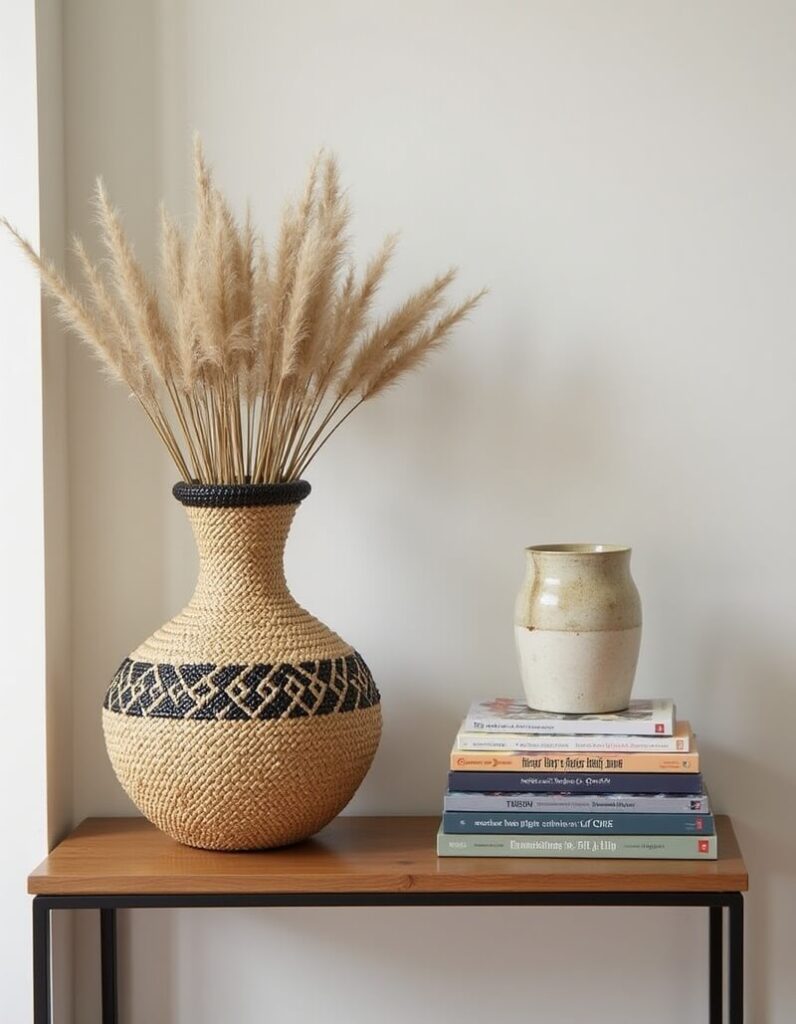 African interior design trends: A woven vase with a tribal-inspired black pattern around its center and black trim around the top holds dried wheat stalks. Next to it is a small ceramic vase in neutral tones, sitting on a stack of books, all on a wooden table against a white wall.
