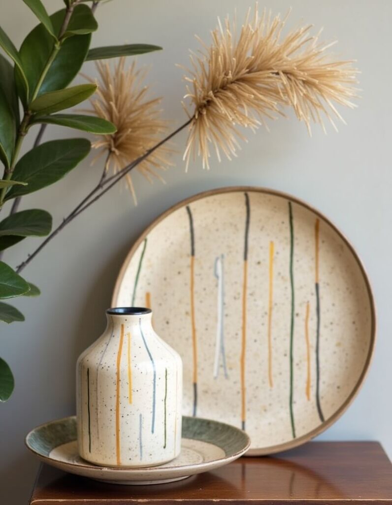 Still life featuring a small vase on a plate, and a serving platter, showcasing African interior design trends. The vase and platter have matching designs with vertical stripes in various colors. The setting includes branches with green leaves and dried floral elements that add to the earthy aesthetic.