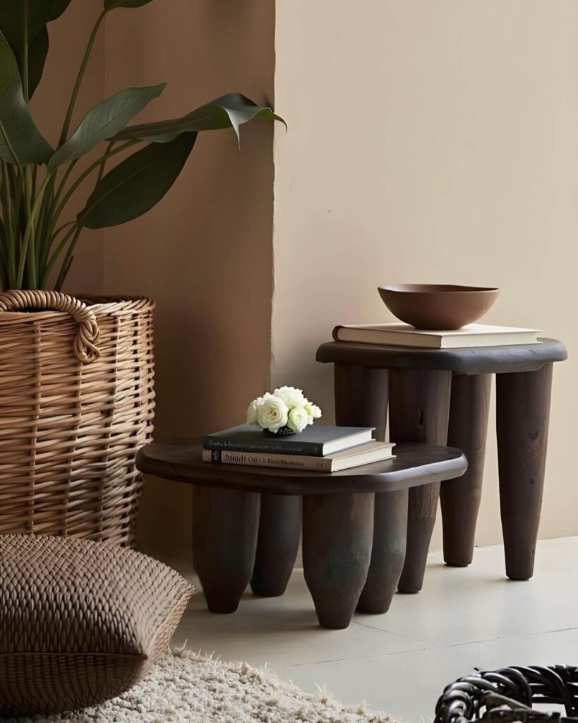 Rustic interior featuring unique Senufo stools. Two dark wood, four-legged stools display books, flowers and a vintage bowl alongside a woven basket holding a leafy plant and a woven floor cushion, creating a natural, earthy ambiance.