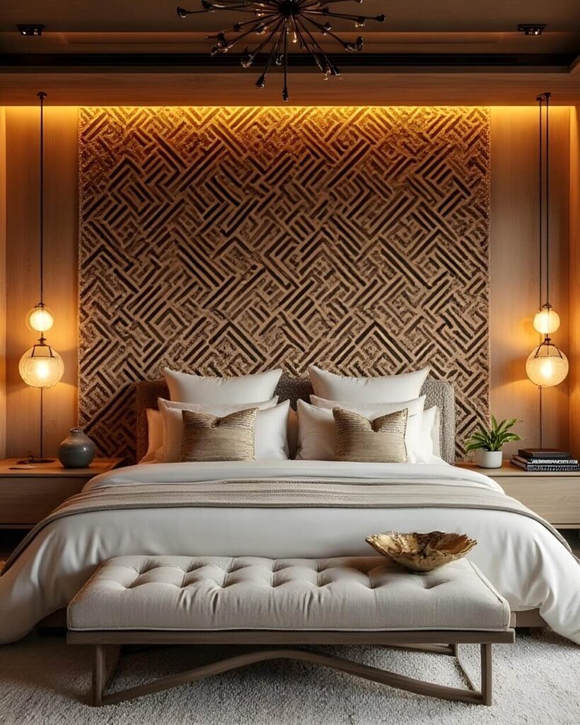 Luxurious bedroom featuring textured fabric wall decor behind the headboard, with geometric patterns, complemented by ambient lighting, plush bedding, and a stylish bench.