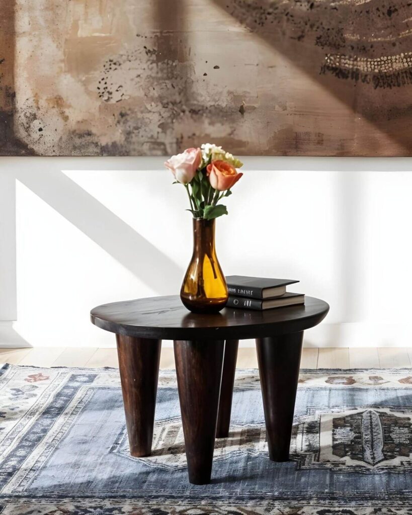 Handcrafted Senufo stool topped with a tainted glass vase with a fresh bouquet of flowers, and a stack of black books.