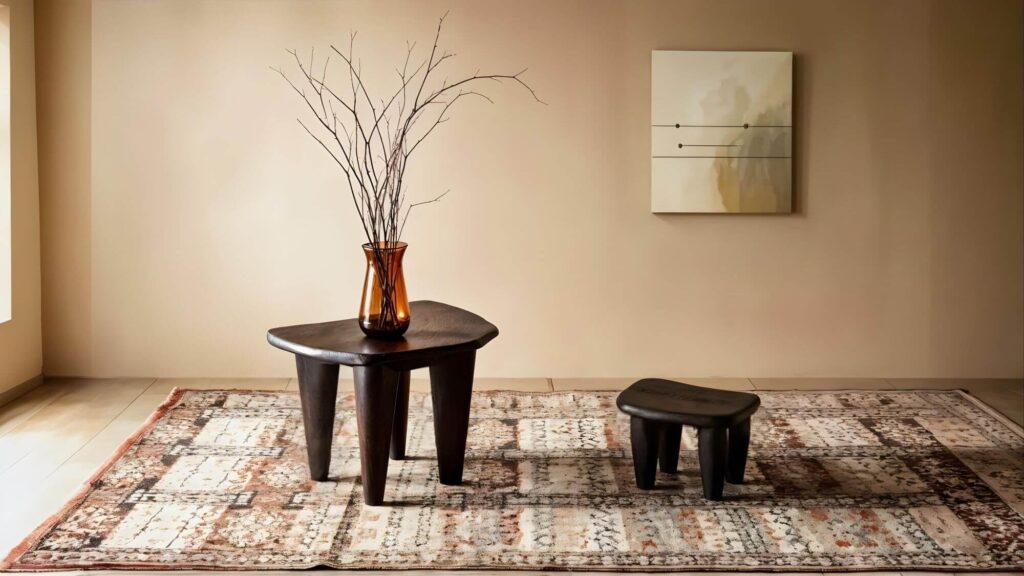 Elegant interior showcasing two Senufo stools: a triangular taller stool with a vase of branches and a smaller stool, resting on a patterned area rug against a neutral backdrop.