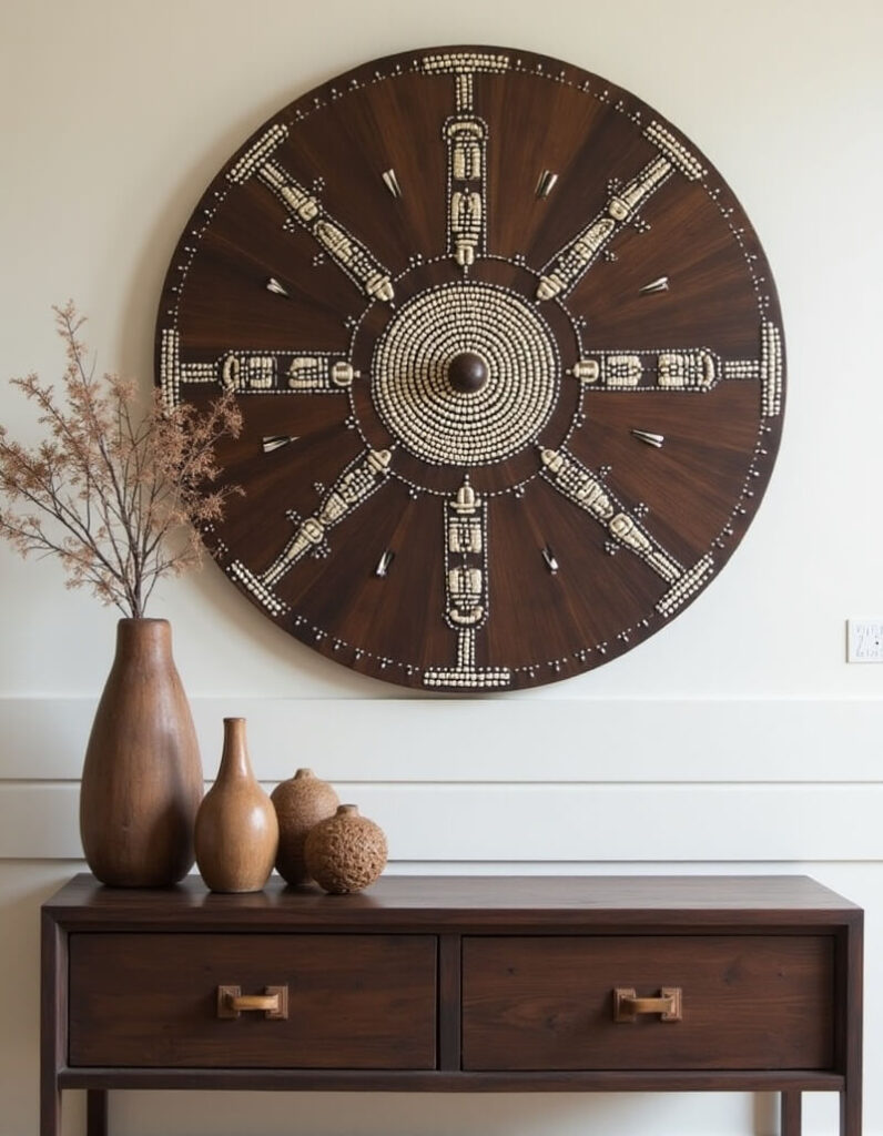 Explore the beauty of African interior design trends: A round, dark wood wall art piece with intricate beadwork hangs above a matching console table adorned with rustic vases, capturing the essence of earthy elegance.