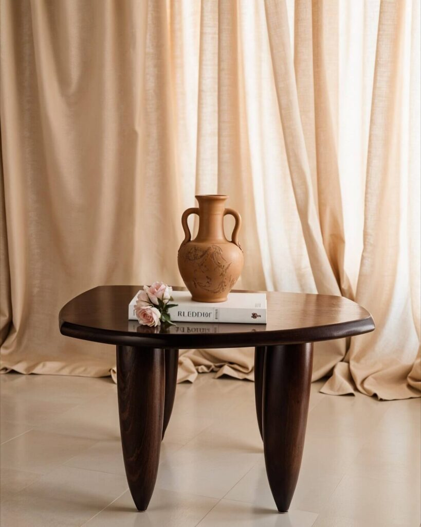 A modern coffee table with a vase and a book on top sits in front of neutral-colored curtains. The table is made of dark wood, with a glossy finish on the top surface. It features a unique, rounded square shape, and its legs are thick and slightly tapered. On top of the table, a white book titled "R. L. Eddior - 70 Bougies" is placed. A terracotta vase with two handles rests on the book. A small bouquet of pale pink roses is set next to the book. The background consists of cream-colored, translucent curtains that create a soft, diffused light. The floor is tiled.