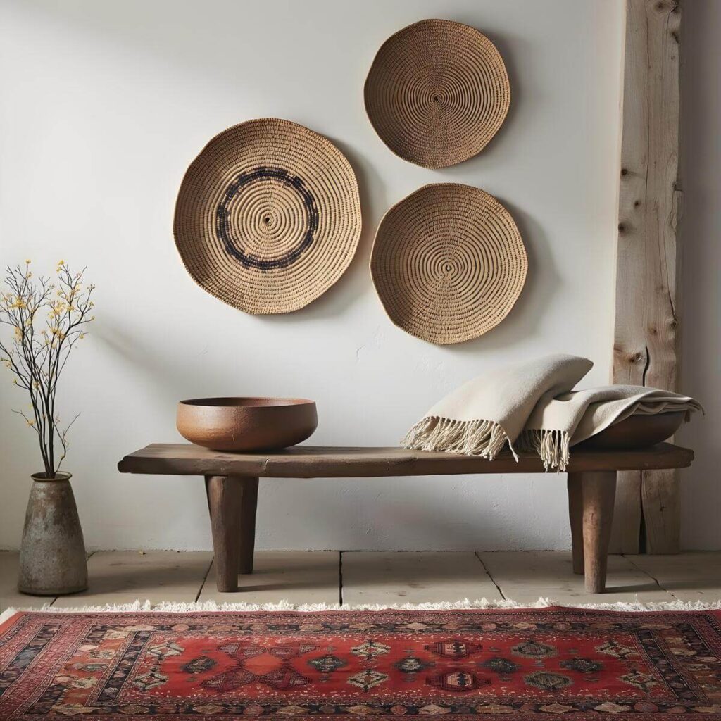 A rustic interior scene showcases a harmonious blend of natural materials and textures. Three woven baskets adorn a white wall, each displaying a unique circular pattern and varying in size, adding an artisanal touch to the space. Below, a simple wooden bench stands as a functional and decorative element. The bench is draped with a soft, off-white blanket featuring fringed edges, suggesting comfort and warmth. A large, wooden bowl sits on either side to showcase the rustic and harmonious elements of the area. To the left of the bench, a tall, slender vase holds delicate branches, adding a touch of organic elegance. The scene is grounded by a richly colored, patterned rug that contributes depth and visual interest to the overall composition. A wooden structural beam extends from the wall on the right suggesting the interior architecture maintains a raw and natural palette.