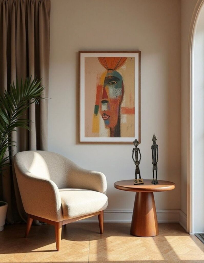 Living room scene featuring bronze art sculptures on a side table, a framed abstract painting, and a cream-colored armchair.