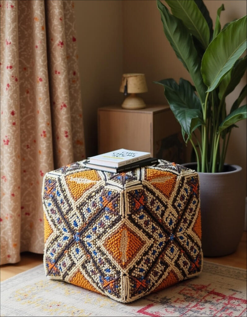 Detailed shot showcasing vibrant African interior design trends with a hand-stitched, geometric patterned pouf, a potted plant, and a neutral-toned, wooden side table.