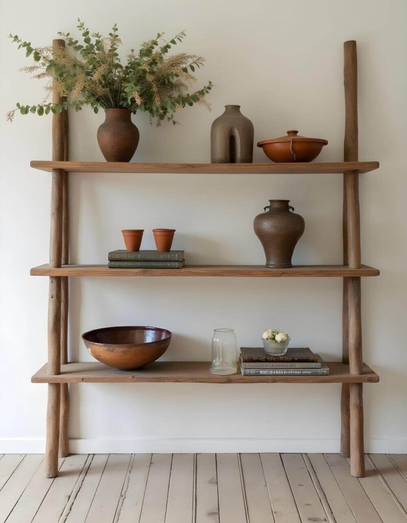 Rustic shelving unit against a white wall, displaying an assortment of pottery, books, and floral arrangements.