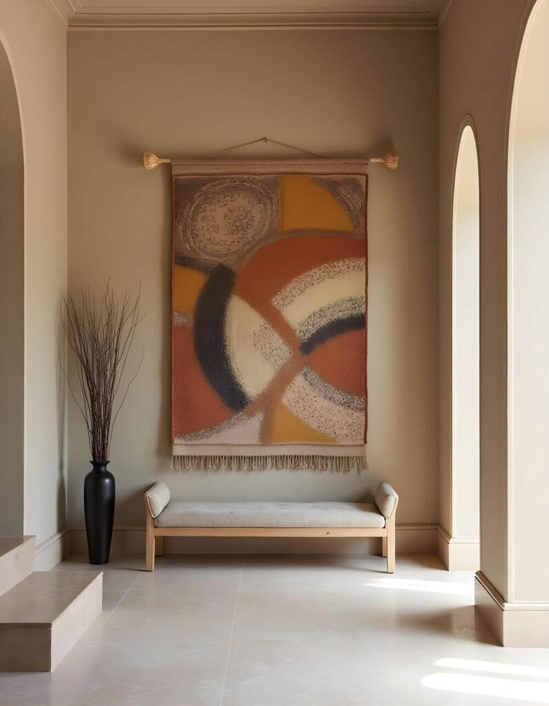 An eye-level shot shows an open indoor space, tiled in squares in a creamy beige, where patterned fabric wall decor adds dimension and color to the neutral surroundings. A black vase sits to the left filled with twiggy branches, while a simple bench rests underneath the wall hanging. A neutral doorway is visible in the background.