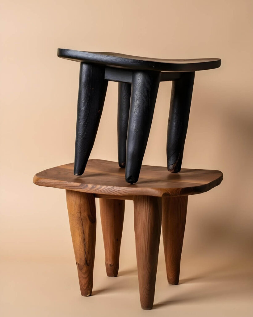 A Senufo wood stool is the base for another Senufo wood stool. The bottom wood stool is a light-brown color, and the wood grain can be seen. The top wood stool is black and the wood grain can also be seen. The background is a light tan.