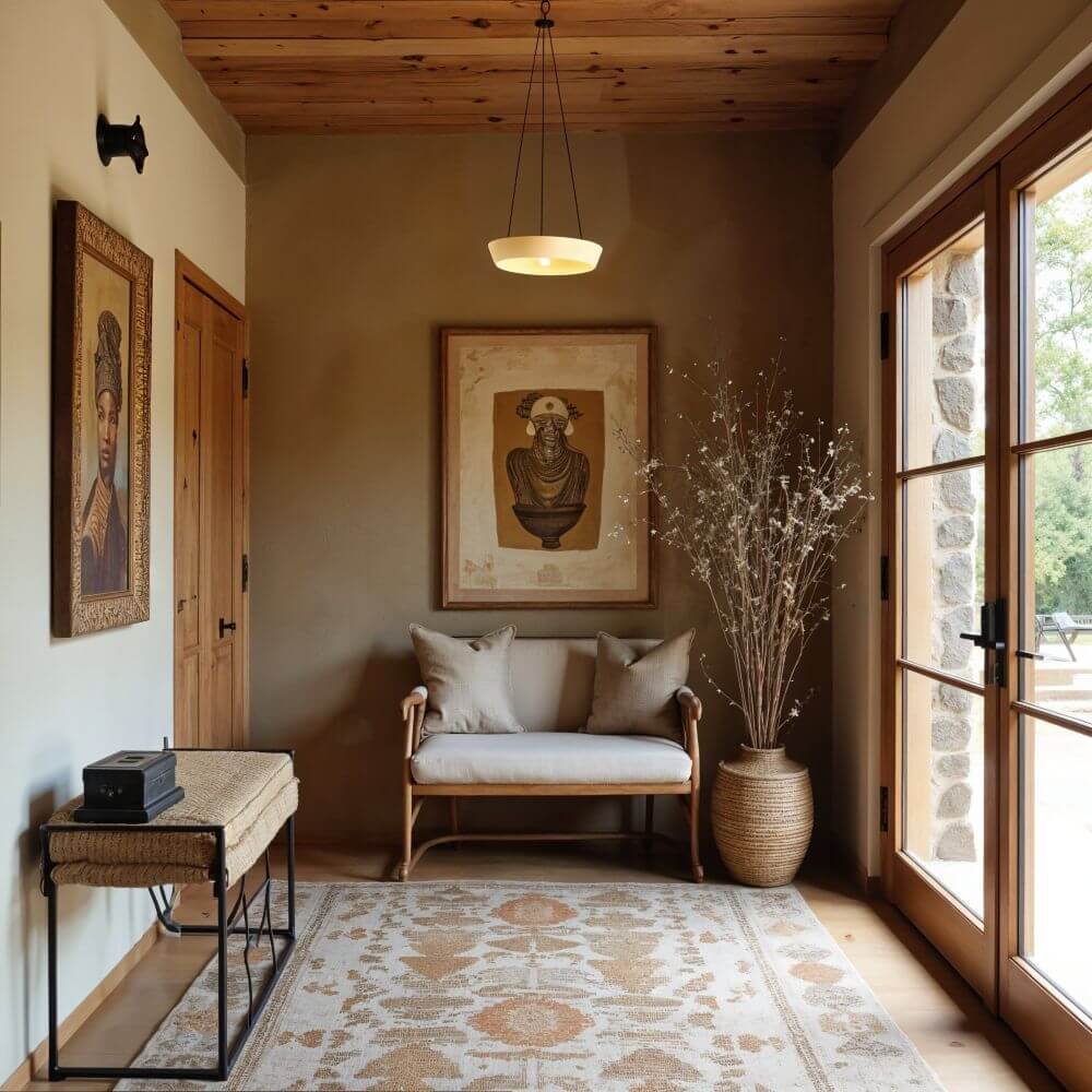 An eye-level shot shows the entryway to a house featuring rich textures, earthen tones, and natural materials. The ceiling is covered in horizontal wooden planks that give a warm, rustic feel to the space. Suspended from the center of the ceiling is a modern, minimalist pendant light with a simple, saucer-like shade. The walls are painted in a solid, muted earth tone. To the left, a framed portrait adds character to the wall. Below the portrait, there is a small bench or table with a woven seat. On the center of the wall, there is a larger framed artwork depicting a classical figure. Underneath the artwork is a small bench furnished with plain cushions. Beside the bench, a large woven vase holds tall, thin branches. To the right, a pair of French doors allows a view of outdoor greenery. The doors are framed with stonework which adds to the earthiness. A patterned, neutral-toned rug covers the wooden floor, tying the various elements of the entryway together.