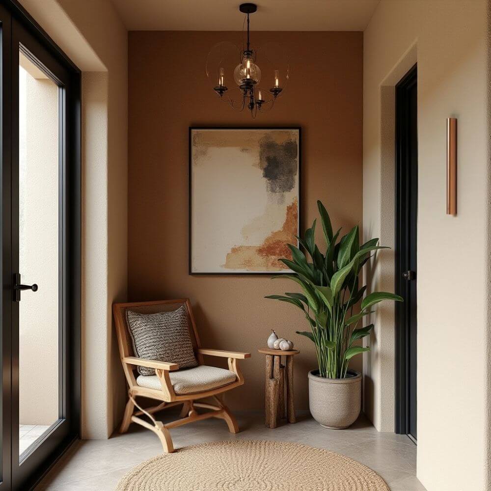 An interior shot of a foyer. The walls on the left and right are a light beige. The back wall is a medium brown. There is a doorway to the left, and a doorway to the right; both doorways are framed with black trim. In the far left corner is a light wood chair with a gray and beige pillow. To the right of the chair, against the back wall, is a thin light wood table with 3 pottery pieces on top. Next to that is a large floor plant in a neutral colored pot. Above the chair and table hangs a framed abstract picture. Above the picture hangs a chandelier with 5 globes. On the right wall, towards the top of the frame, is a copper colored, cylindrical sconce. In the foreground, a round rattan rug is visible.