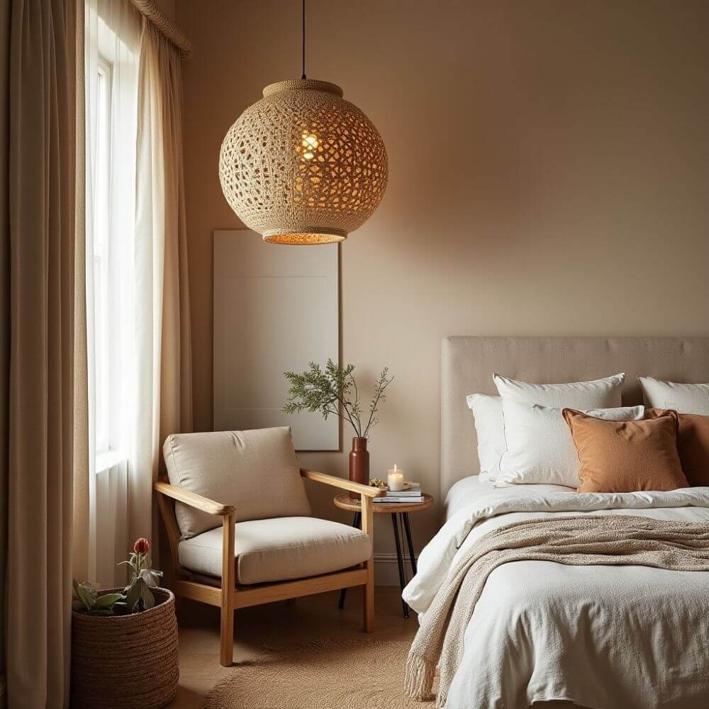Bedroom interior with neutral tones, featuring a bed with white linens and tan pillows, an armchair, a side table with a vase and candle, and a large woven pendant light.