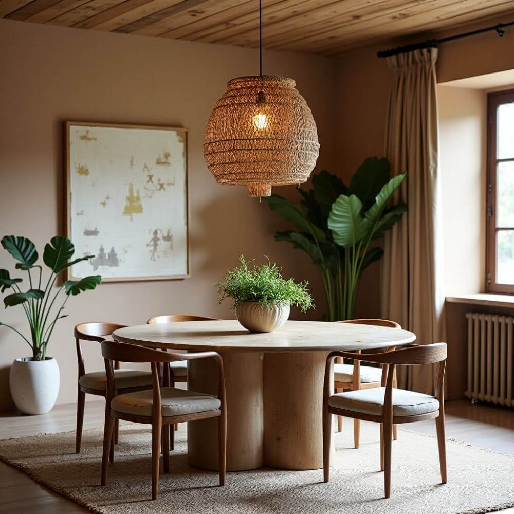 A dining room presents a harmonious blend of natural elements and modern design. At the center of the room, a round wooden table with a unique, sculpted base is surrounded by four wooden chairs, each featuring cushioned seats for added comfort. On the tabletop, a potted plant provides a touch of greenery, complementing the larger potted plant in the corner of the room. A striking woven pendant light hangs above the table, casting a warm glow on the scene. Behind the table, a framed piece of art adorns the wall, adding a touch of sophistication to the space. A window with curtains provides natural light, creating a cozy and inviting atmosphere. The room is grounded by a neutral-toned rug, which adds texture and warmth to the overall aesthetic.