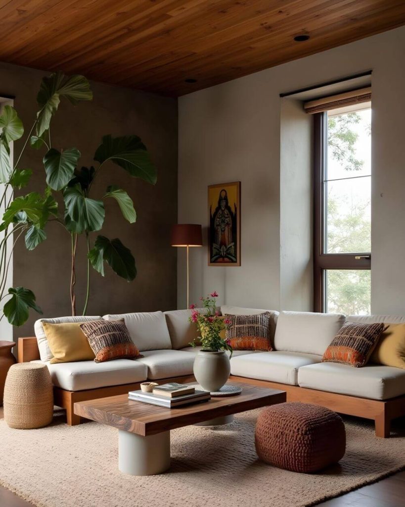 Earthy living room featuring elements of African home decor. A cozy living room is displayed, featuring a light-colored sectional sofa adorned with textured pillows in shades of brown, orange, and yellow, complementing the neutral walls. The focus is drawn to a solid wood coffee table, bearing books and a vase of flowers, situated atop a light beige rug. A knitted pouf sits next to the table, adding a touch of warmth to the scene. The room is illuminated by natural light streaming through a window, accompanied by a tall plant that adds vibrancy to the space, and a piece of art hanging on the wall by a floor lamp. The ceiling features a wooden finish, completing a warm and inviting interior.