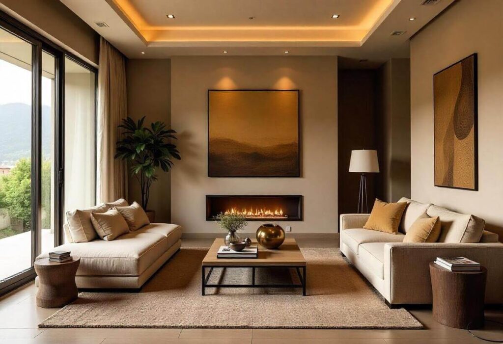 Elegant African living room decor featuring beige sofas, a modern fireplace, and earthy tones throughout the space, complemented by African-inspired artwork and natural textures.