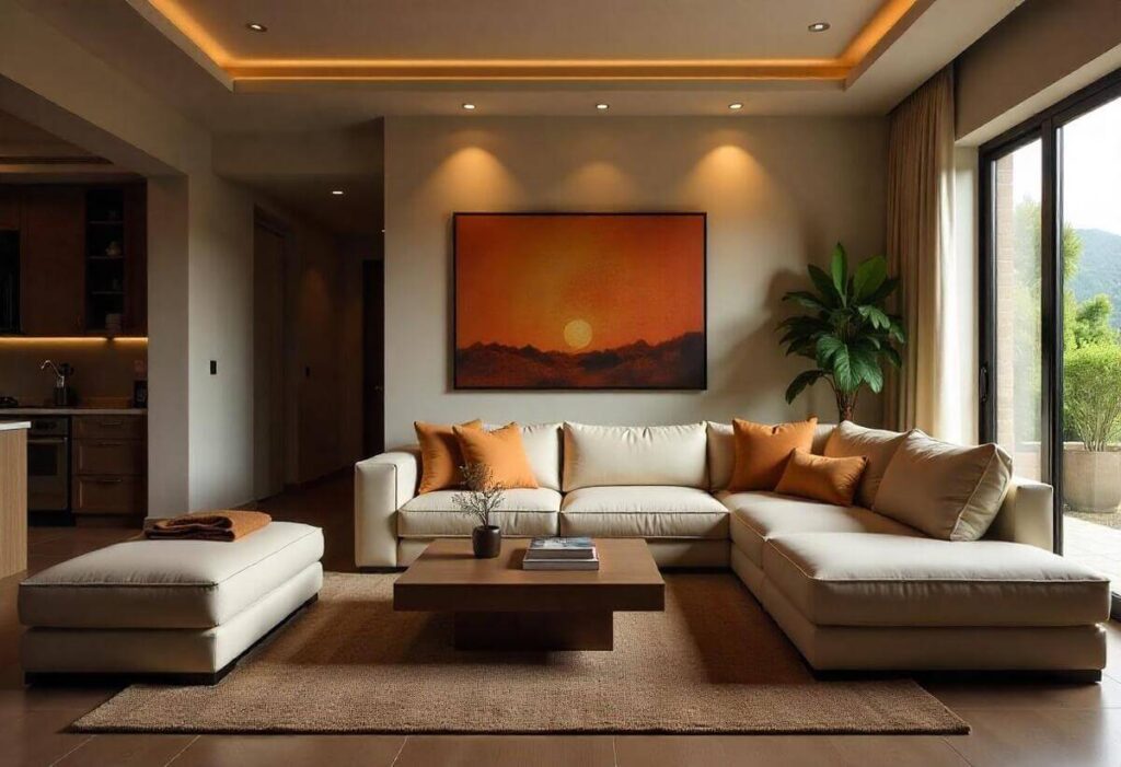 Elegant African living room decor featuring a neutral sectional sofa with orange accent pillows, complemented by a large landscape painting reminiscent of an African sunset. A wooden coffee table and cozy rug complete the earthy, inviting aesthetic.