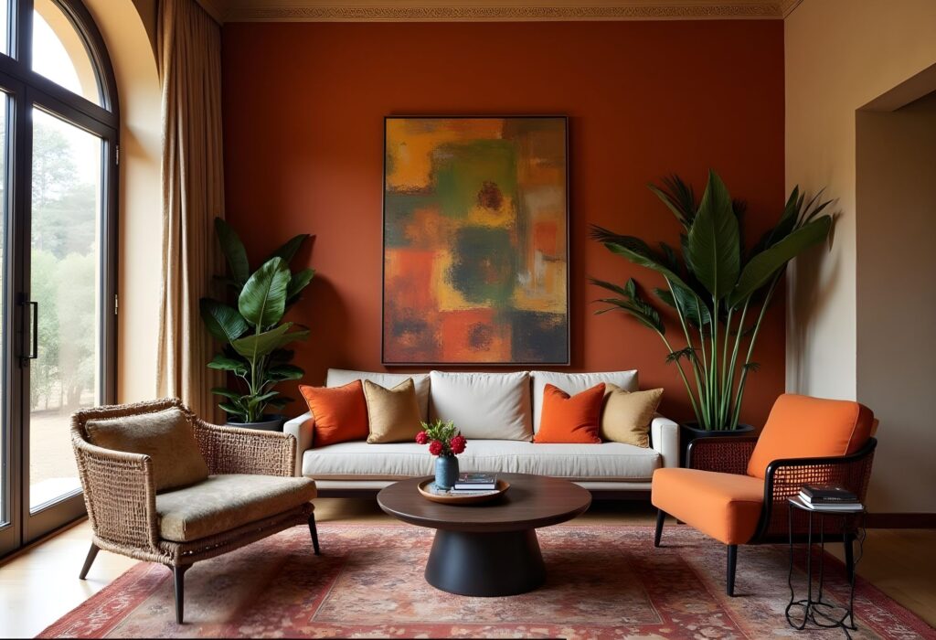 A well-lit living room space featuring clay-colored walls contrasted by light beige hues, with natural light streaming in through a large arch window on the left. A beige couch, adorned with orange and gold throw pillows, sits centered against the clay-colored wall, beneath a framed abstract painting with shades of orange, yellow, and green. A round dark-wood coffee table, topped with a blue vase and a tray with books, rests in front of the couch on an intricate reddish-patterned rug. The room is furnished with an orange mid-century style chair on the right and a wicker chair on the left that provides varied textures and seating options. Tall potted plants are placed on either side of the couch, adding a touch of nature to the room. The overall ambiance suggests a modern yet cozy living space, enhanced by the complimentary color palette and strategic use of lighting and decor.