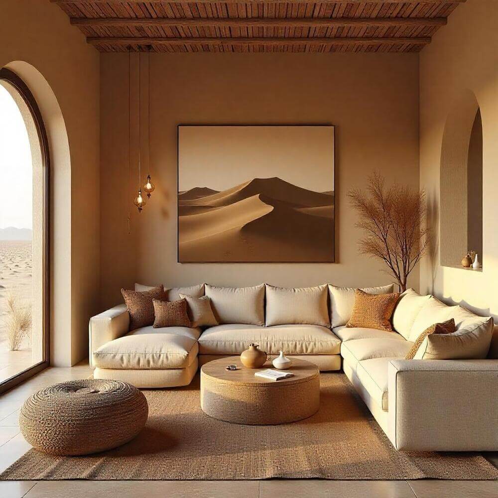 A warm and inviting African living room decor showcasing a sectional sofa with a desert landscape artwork hanging above it. Seating includes a woven ottoman, and a textured rug ties together the earthy, neutral tones.