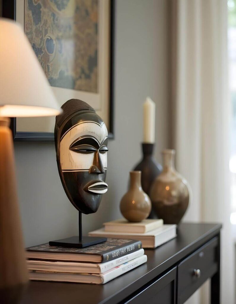 Living room showpiece: a striking African artifact mask displayed on a black console table. The mask, an authentic tribal design, rests on a stack of books, complemented by decorative vases and a candle, creating an atmosphere of sophistication and global style.