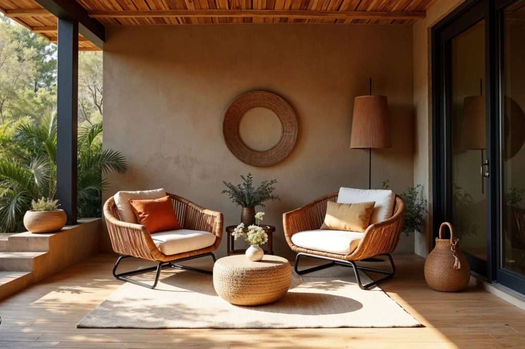 Patio space showcases African home decor and design, featuring two wicker chairs with ivory cushions and a decorative wicker ring hanging on the wall. A woven rug lies beneath a round wicker table adorned with a small vase of white flowers. Natural light filters through the open doorway, illuminating the wooden flooring and rustic-toned walls.