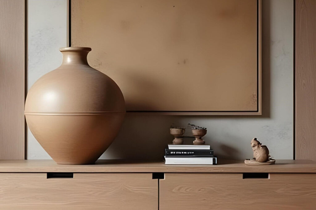 A horizontally-oriented, eye-level shot depicts a portion of a wooden bureau, styled with a beige decorative vase and other small neutral-toned accent pieces set against a light, neutral wall. The bureau features two large, flat-front drawers that make up most of the composition; the drawers have horizontal wood grain details. The hardware for opening the drawers is flush with the drawer surface, revealed as a short, dark, rectangular void. An oversized bulbous vessel anchors the bureau from the left of the composition. Its simple shape and matte beige color draw the viewer's eye, and a thin, horizontal line circles it at the top of the base section. To the right, stacked books and a pair of small, stemmed wooden bowls, partially-filled with dried flora, add visual intrigue. A tiny sculpture of what appears to be a small bird sits on the right side of the bureau, facing forward. Behind the bureau sits a textured wall in a neutral tone, adding subtle depth to the background. A section of what appears to be a painting is also present as a very large square hung on the wall, featuring a broad beige surface with a simple, dark outline. To the right of the painting, another plain wooden panel can be seen. The general color palette throughout the image is soft and natural, promoting a sense of calm minimalism.