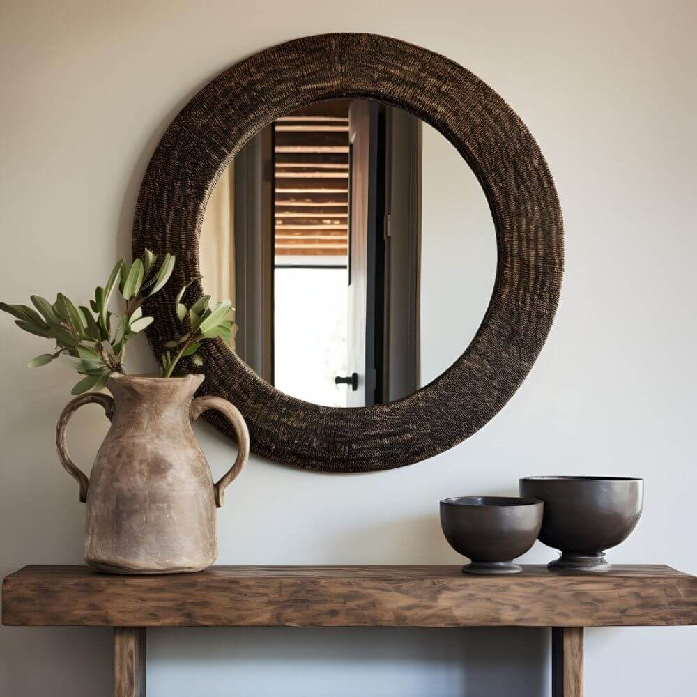 A decorative vignette against a light gray wall features a textured wicker round mirror above a rustic wooden console table. A faux distressed pottery vase with greenery sits to the left of the table. Two bronze-colored decorative bowls sit to the right. The mirror reflects a doorway with horizontal window blinds.