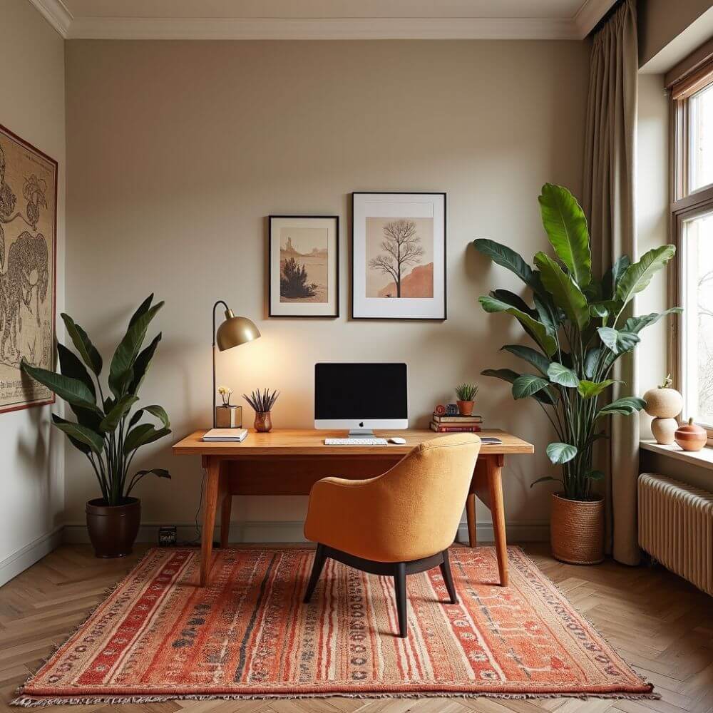 African interior design ideas: A home office setup showcasing a desk, ergonomic chair, and earthy tones, complemented by vibrant African-inspired rug and indoorplants.