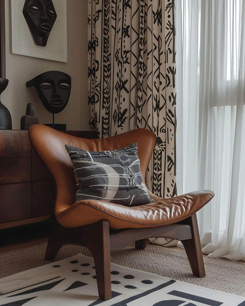 A stylish reading nook featuring a tan leather chair with a dark gray patterned pillow, complemented by patterned drapes and masks on the sideboard, showcasing African home decor.