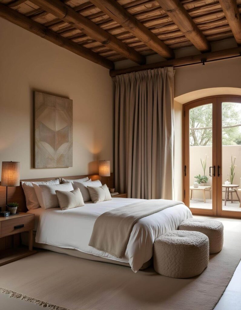 The image is of a well-lit, modern bedroom. The room features a large bed with crisp white linens, surrounded by neutral tones and natural materials. The bed is the focal point, made inviting with several soft pillows and a light beige throw blanket draped across the foot. Two textured, round ottomans sit at the edge of the bed, positioned on a large, light beige rug that covers the floor. On either side of the bed, there are wooden nightstands with lamps. The lamps have simple, cylindrical shades and provide a warm glow. The walls are painted in a soft beige, complementing the overall palette of the room. Hanging above the bed is a rectangular piece of abstract art in muted tones, matching the room’s aesthetic. The ceiling is notable, with exposed wooden beams adding a rustic touch to the modern design. To the right of the bed is a large, arched glass door that leads to a patio. The door is framed by light beige curtains. Outside, there’s an outdoor sitting area with a small table and chairs, as well as some potted plants. A notable feature of this room is the consistency in color and material use, which creates a harmonious and tranquil environment.