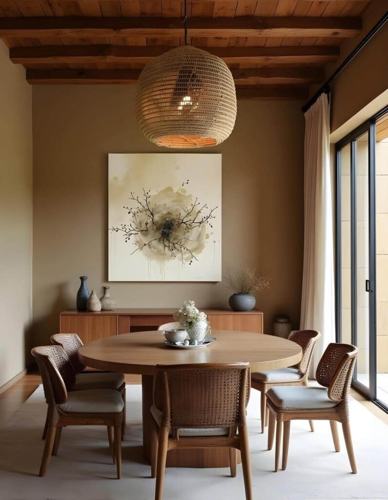 A dining room with a warm and inviting atmosphere is shown. The room's walls are painted in a rich, earthy brown tone that complements the wooden elements throughout. The focal point of the room is a round wooden dining table, which has a smooth, polished surface. Four chairs with woven backs and light cushions surround the table. Above the table hangs a large, round pendant light made of woven natural fibers. The light fixture casts a soft, warm glow that illuminates the dining area. Behind the table, against the wall, is a wooden console or sideboard. Several decorative items are placed there, including vases of varying shapes and colors, adding visual interest to the space. An abstract painting hangs above the console, featuring a neutral color palette with dark, swirling patterns. This artwork adds a touch of modern elegance to the room. To the side of the dining area, there is a large sliding glass door that leads to an outdoor space. The door is framed by simple, light-colored curtains that allow natural light to filter into the room. The ceiling has exposed wooden beams, which contribute to the room's rustic yet refined aesthetic. The overall design of the dining room creates a cozy and sophisticated space for meals and gatherings.