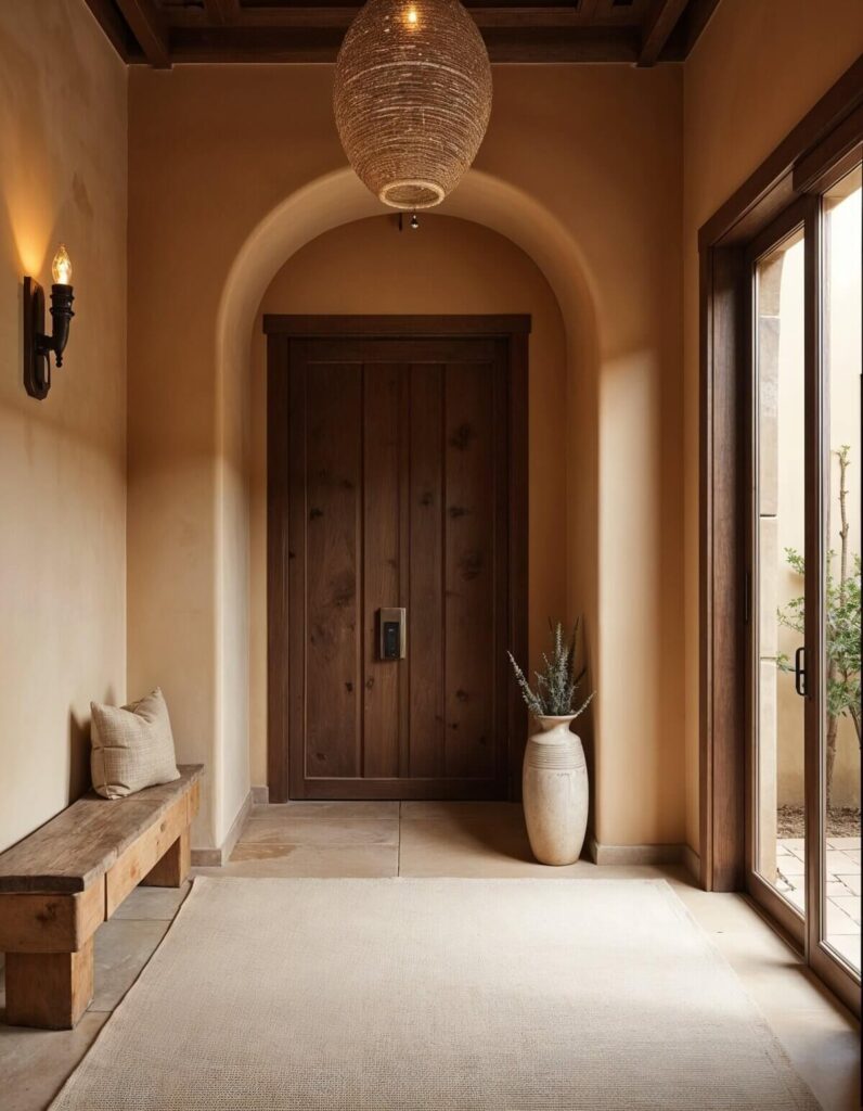 An interior shot shows an entryway done in a warm monochromatic palette, featuring multiple light sources to brighten the space. A solid, dark-stained wood door sits centered, nested within an arched frame that matches the neutral, beige-toned walls. Above the door, suspended from the ceiling, is a large, woven light fixture that provides ambient light. To the left of the door is a small, primitive wooden bench with a simple design, accented with a beige throw pillow. A sconce, fitted with an exposed bulb, is mounted on the wall above the bench, adding a traditional touch to the setting. To the right of the door, a tall, textured cream-colored vase holds sprigs of greenery, offering a subtle touch of natural color. Further right, a glass door offers a view of a lush, outdoor courtyard with various plants. The floor is covered with light-colored tiles. A similarly light-colored area rug that covers most of the floor space adds a layer of comfort and ties the room together. The ceiling is detailed with panels of dark-stained wood, creating a sense of architectural depth. Shadow and natural light from the glass door add dimensionality to the scene.