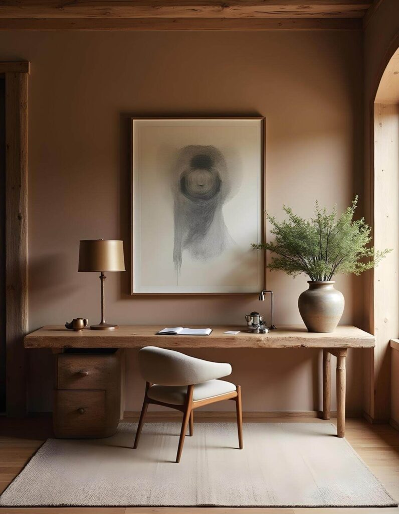 A serene interior showcases a workspace imbued with natural elements and an artistic touch. At the heart of the scene is a rustic wooden desk, its surface displaying subtle details like a miniature decorative object, an open notebook, and a metallic desk lamp, accompanied by greenery in a neutral-toned vase. Above the desk hangs a large, framed abstract sketch that captures the eye, its ethereal quality complementing the room's earthy palette. To the left, a wooden desk lamp casts a soft glow, highlighting the warm-toned walls and the wooden accents that frame the space. Below the desk, a modern chair with a light-colored seat invites one to sit and contemplate, while an area rug anchors the space underneath. The scene is bathed in a natural light filtering through an arched window on the right, illuminating the wooden framework and adding depth to the composition.