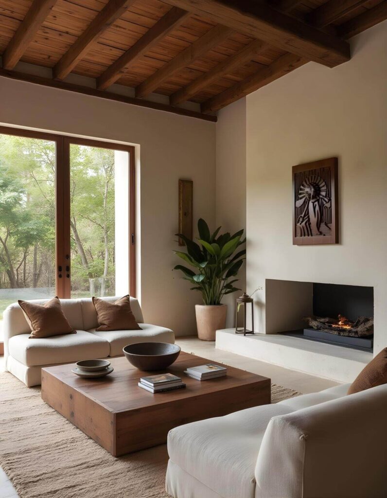 A bright living room featuring wabi sabi style interior design, with a focus on natural elements and textures. The room includes a wooden ceiling, a large window overlooking greenery, a cozy sofa with soft pillows, and a wooden coffee table with pottery and books, all complemented by a minimalist fireplace.