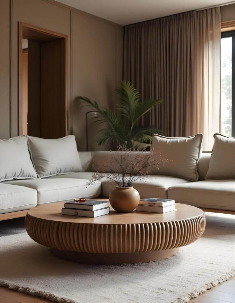 Elegant living room showpiece featuring a round, ribbed wooden coffee table with books and a vase, set against a neutral color scheme with a large sectional sofa, potted plant, and soft, textured rug.