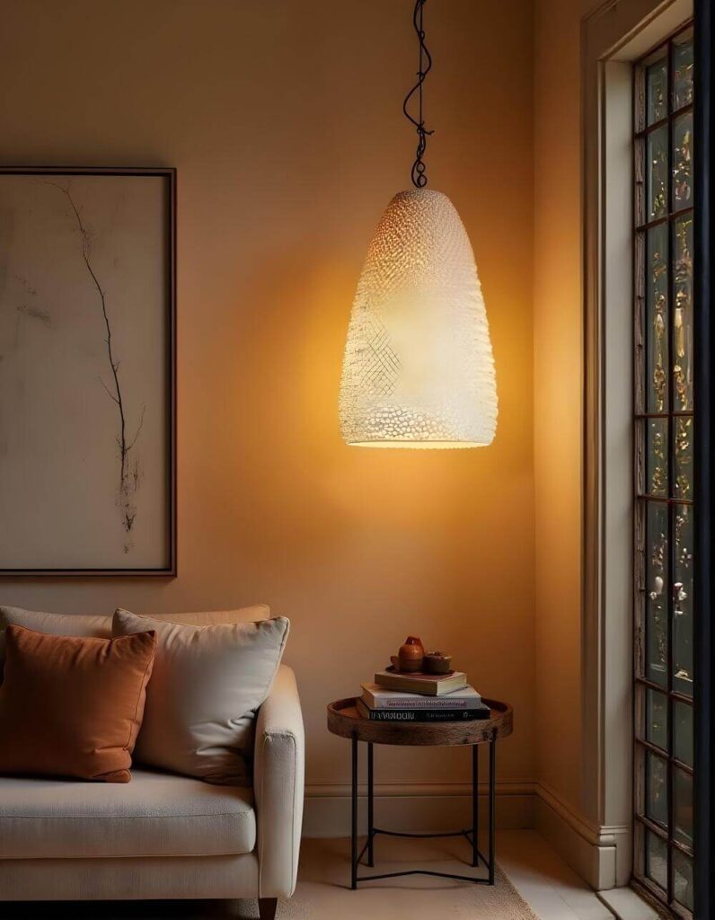A warmly lit room that contains a sofa with pillows, a small table, and a light fixture. A cream-colored sofa sits to the left with one burnt-orange pillow and two cream pillows. To the right of the couch is a round, raised-lip wooden table. On the table are two books topped with two small brown ceramic dishes. Above the table hangs a textured, bell-shaped glass light fixture suspended by a dark cable. To the right, a multi-pane window that lets in soft, diffuse light. The background has salmon-colored walls framed with white trim. A framed picture hangs on the wall behind the couch.