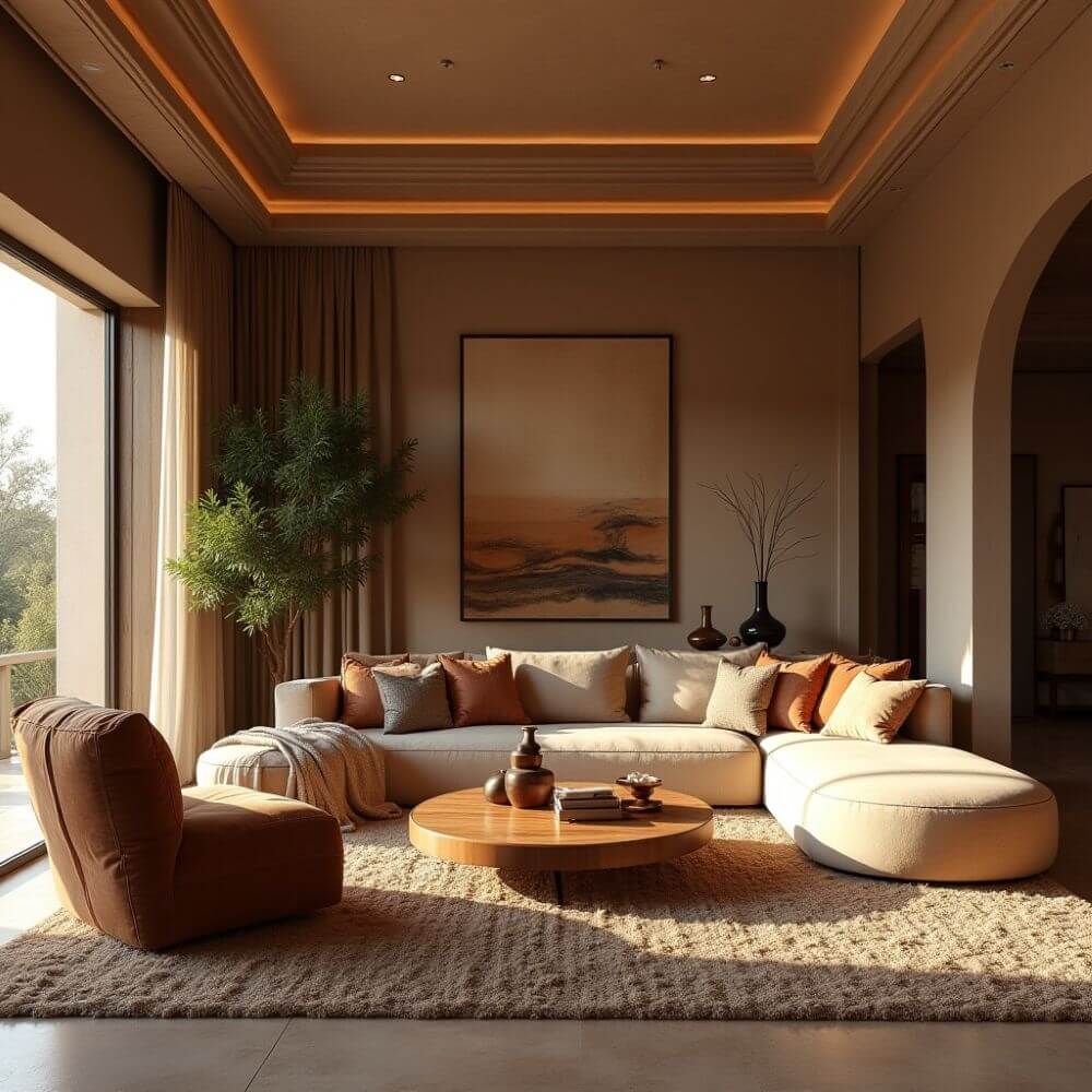 Living room showcasing African wabi-sabi style interior design with natural light, earthy tones, and a minimalist aesthetic. The space features a cream-colored sectional sofa adorned with textured cushions, a round wooden coffee table, and a neutral-toned rug, emphasizing simplicity and the beauty of imperfection. A potted plant and abstract artwork enhance the organic and serene atmosphere of the wabi sabi decor.