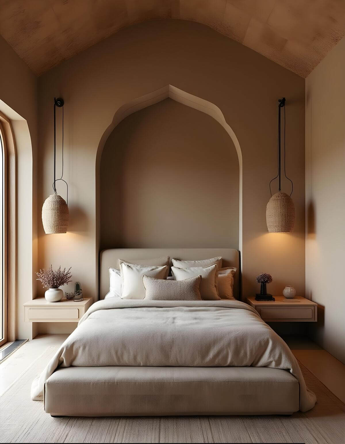 Bedroom with calming wabi-sabi style. Neutral tones and natural textures create a serene atmosphere. Hanging pendant lights and an arched alcove add to the room's unique charm. Find inspiration for your wabi sabi style bedroom design.
