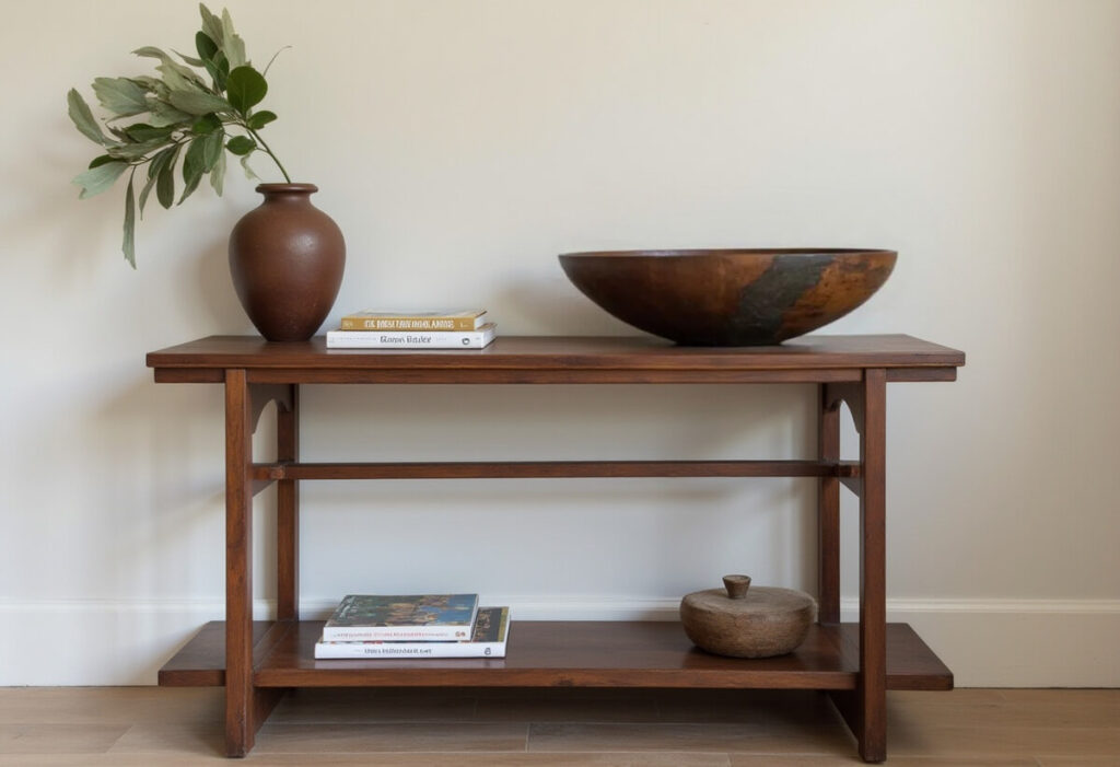 African living room decor: A wooden console table stands against a pale wall, displaying a vase with greenery, books, and a rustic wooden bowl, reflecting an earthy and organic aesthetic.