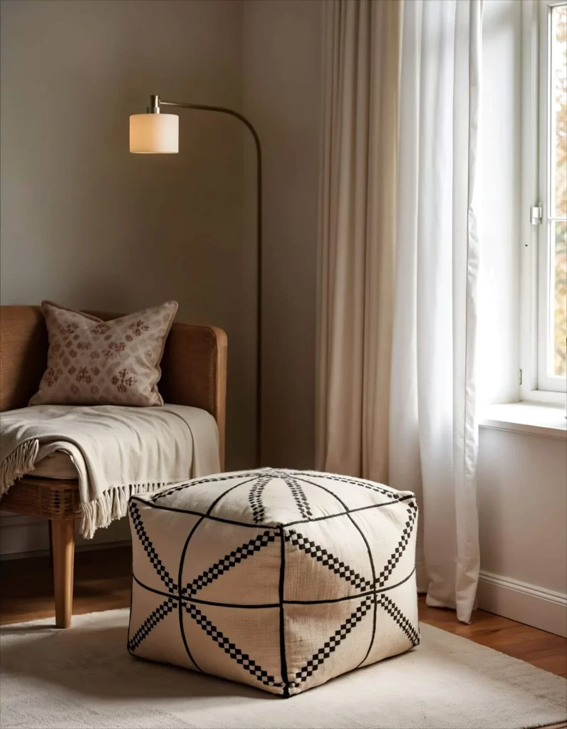 A warmly lit interior showcases a relaxed and inviting corner of a room, featuring a square Moroccan pouf with a striking black and white geometric design that sits atop a light-colored rug, a cozy bench with a patterned pillow and fringed throw, a floor lamp, and a window with sheer white curtains. The pouf's cubic shape is accentuated by black lines forming a grid pattern, each section filled with a checkerboard of alternating black and white squares. Adjacent to the pouf, the bench is draped with a cream-colored throw that has a charming fringe. Atop the bench sits a square pillow with a subtle, earth-toned pattern. A slender floor lamp arcs over the setting, its cylindrical shade casting a soft, ambient glow. To the right, a window is framed by billowing white curtains that filter the natural light, softly illuminating the scene.