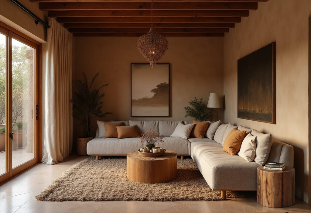 View of a cozy African living room decor featuring a sectional sofa with assorted throw pillows, a rustic wood coffee table topped with decorative items, and a textured rug. The room is adorned with earthy tones, artwork, and a unique pendant light, creating a warm and inviting atmosphere. Large windows provide ample natural light, completing the design.