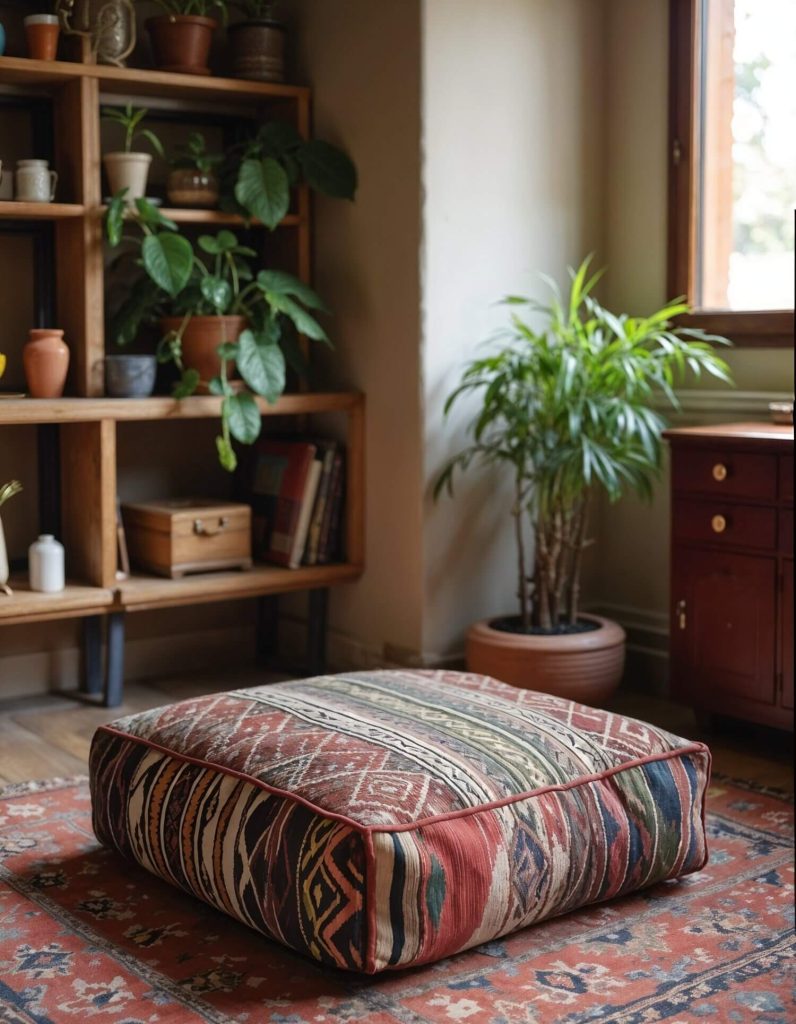 A low-angle shot showcases a square Moroccan pouf, centered on an intricately designed red rug. The pouf features various geometric patterns with a red trim. Behind it, a wooden shelving unit houses an assortment of potted plants and decorative items. Adjacent to the pouf, a tall potted plant stands next to a dark wooden cabinet. The scene is illuminated by natural light streaming through a window, creating a warm, inviting ambiance.