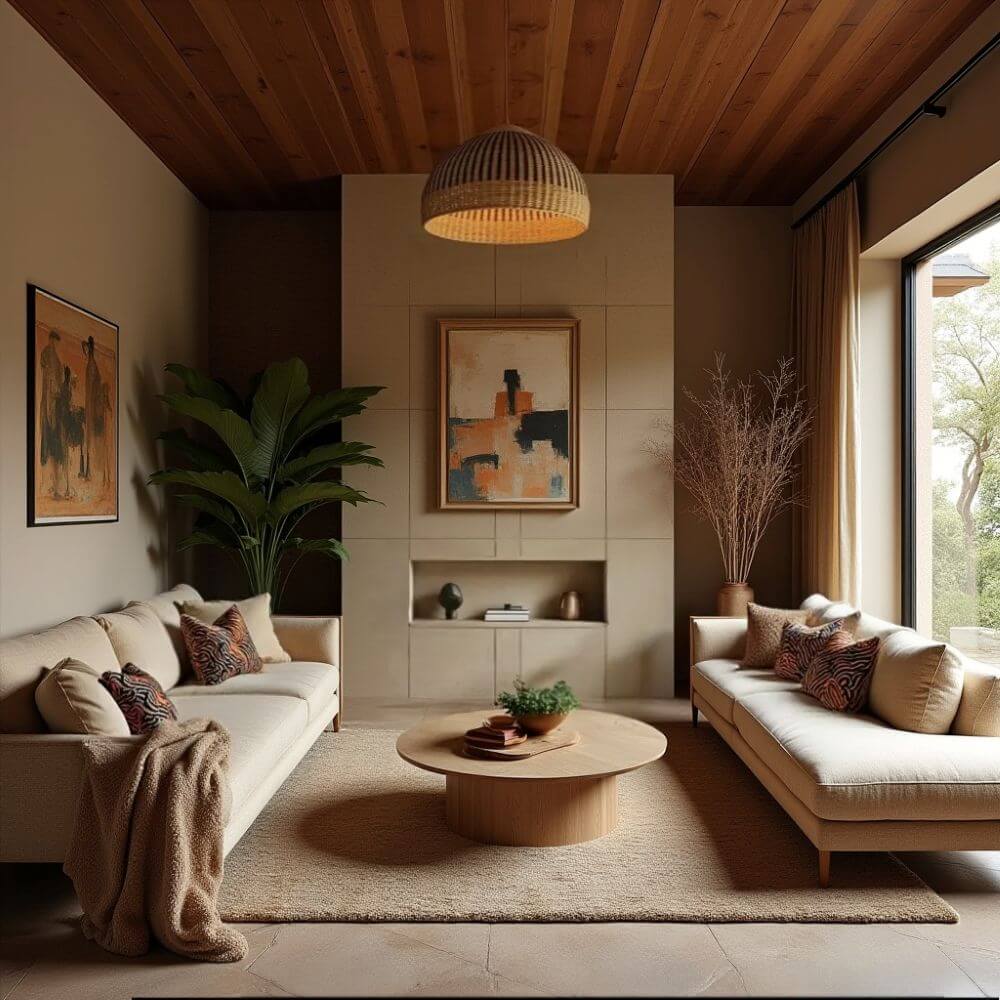 Living room showcasing African wabi sabi style. Two neutral sofas face each other across a round coffee table. The walls are a muted beige, complemented by a wooden plank ceiling. Artwork adorns the walls, and a large window offers a view of the outdoors. The design embodies the wabi sabi aesthetic with its focus on natural materials and understated elegance.