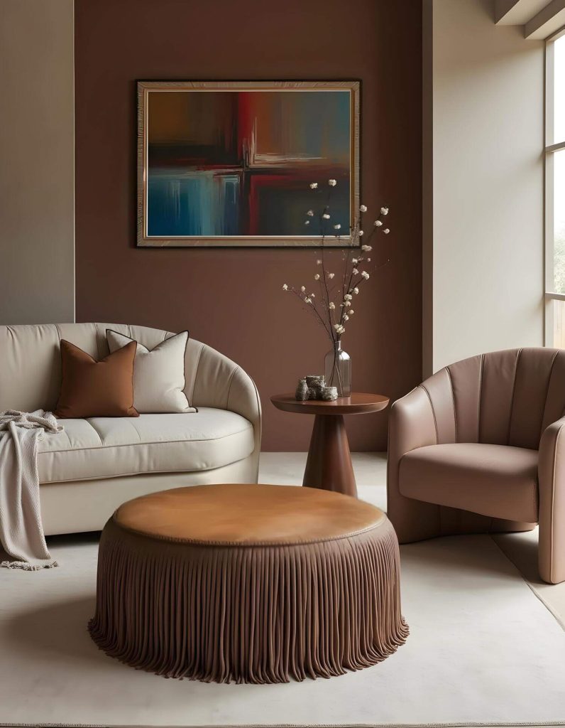 A stylish living room features a large, round, brown Moroccan pouf with a distinctive fringe detail. The pouf sits on a light-colored rug, surrounded by a modern cream-colored sofa with throw blanket, a brown armchair, and a round wooden side table. An abstract painting hangs on the brown wall behind the sofa.