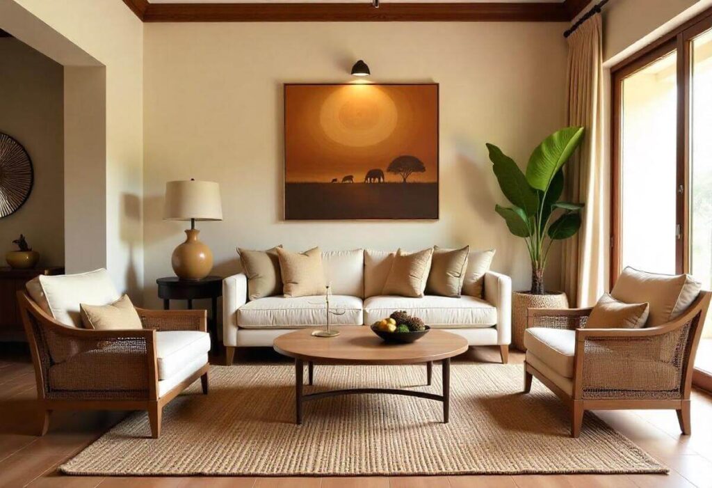 Living room with cream walls, tan sofa and jute rug. Two chairs with creme cushions sit on either side of the scene. A painting hangs above the sofa, portraying elephants in the distance beneath a large sun. A coffee table sits in front of the couch with a bowl of fruit on it.